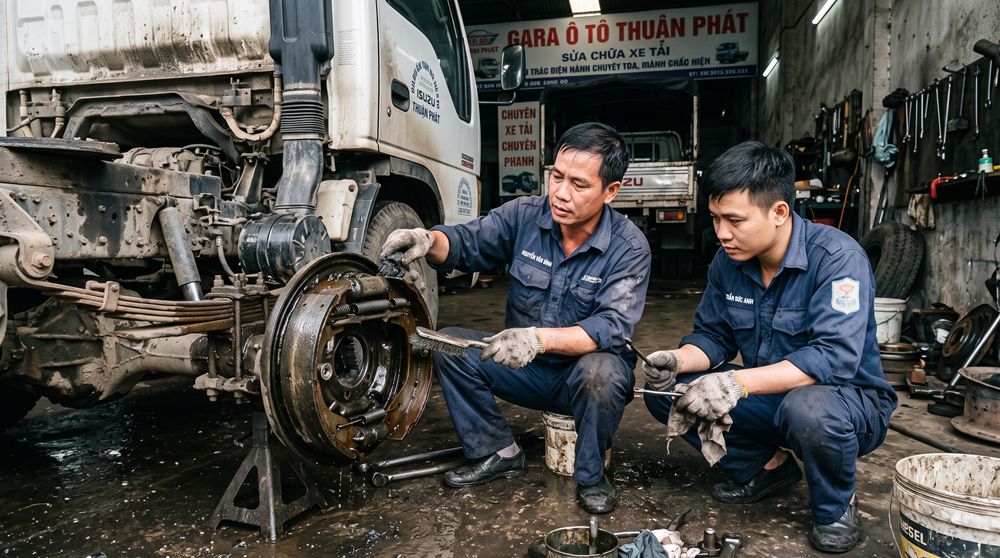 Kiểm tra và bảo dưỡng phanh tang trống xe tải sau khi đi qua vùng ngập Vận Hành Xe Tải Mùa Mưa Bão: Cẩm Nang Sống Còn Chống Thủy Kích Và Mất Phanh Tang Trống